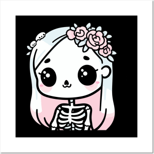 Cute Skeleton Girl with Flowers on Her Hair | Halloween Design in Kawaii Style Posters and Art